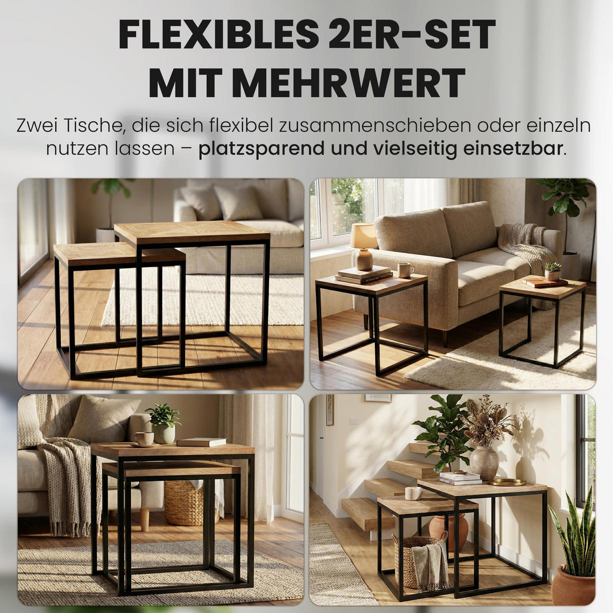 BEISTELLTISCH 2 Holz Natura - Eukalyptusholzfarben/Schwarz, Holz/Metall (38/48/47cm) - CLP