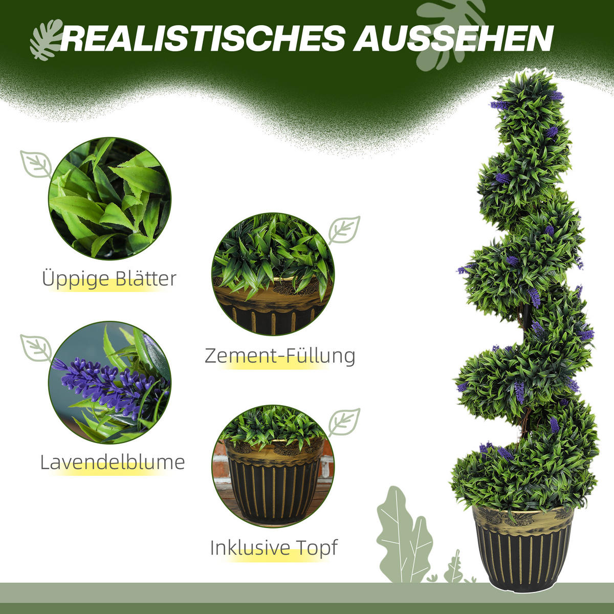 2ER Set Künstlicher Spiralen-Buchsbaum mit Lavendel groß 115cm im Topf - Grün, Kunststoff (115cm) - HOMCOM