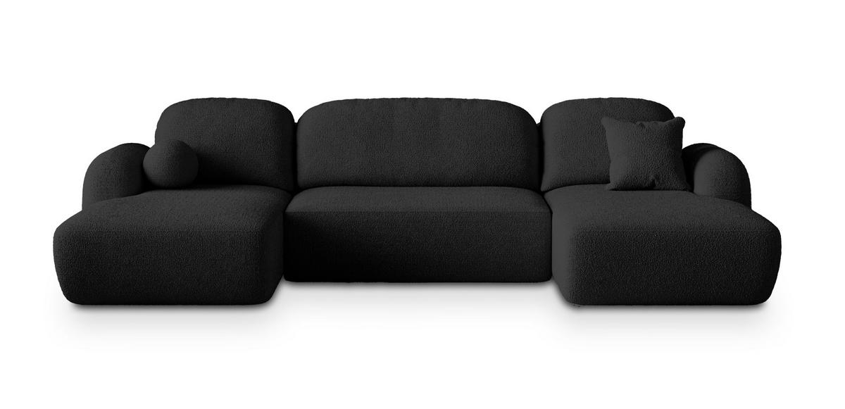 WOHNLANDSCHAFT SAVONA N Schwarz Boucle-Stoff mit Schlaffunktion - Schwarz, Holz (320/90/148cm) - MASSENO