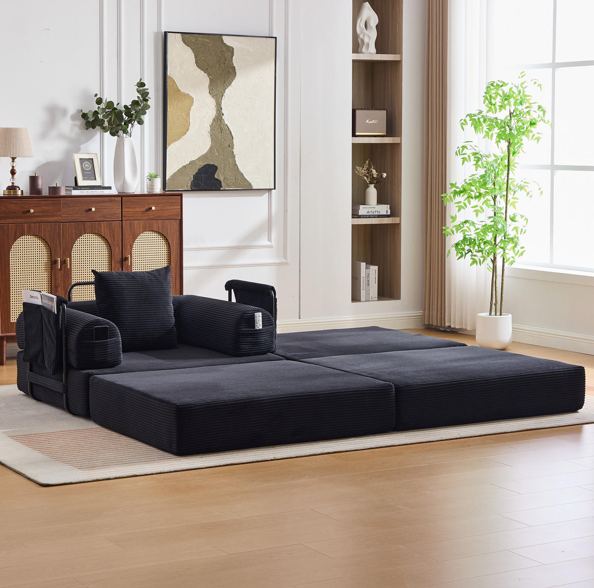 SCHLAFSOFA aus Cord 112x190x67 cm Schwarz mit Hocker, Seitentasche und Kissen - Schwarz, Textil (112/67/190cm) - Modfu