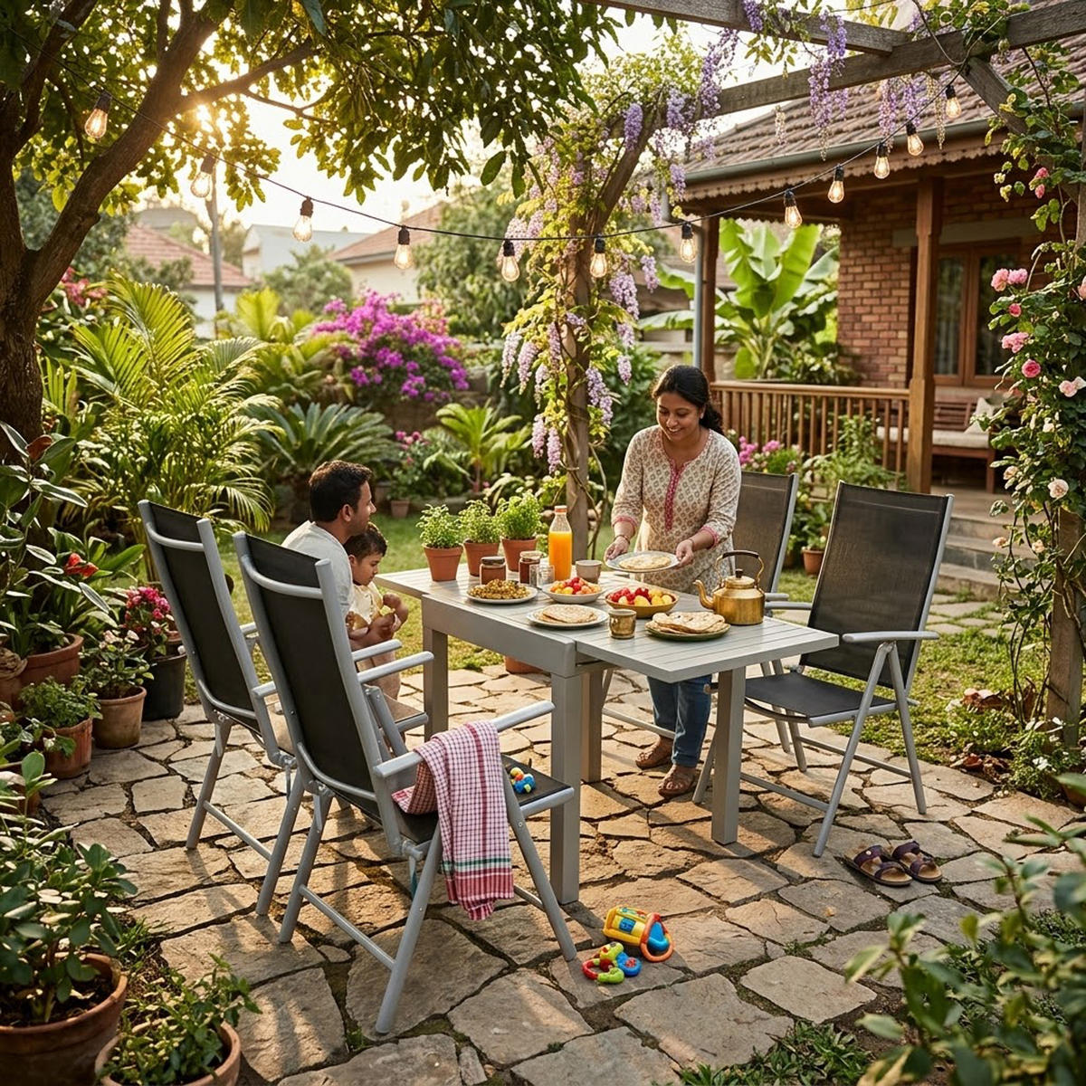 GARTEN-GARNITUR Sunderland - 5-teilige Garten-Essgruppe (4x Klappsessel mit Aluminiumgestell grau, Bespannung Textilene schwarz - Schwarz, Metall - TPFGarden