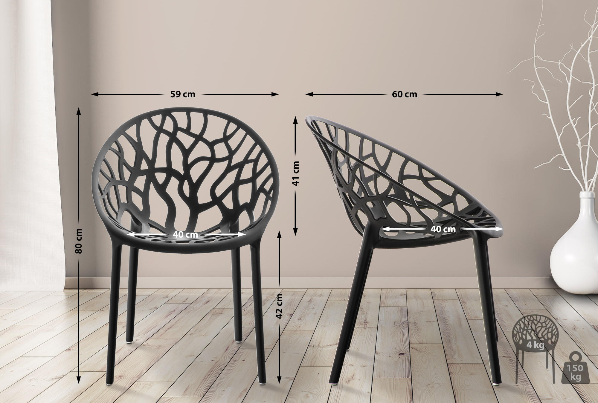 GARTENSTUHL 2er Set Kunststoff schwarz - Schwarz, Kunststoff (59/80/60cm) - CLP