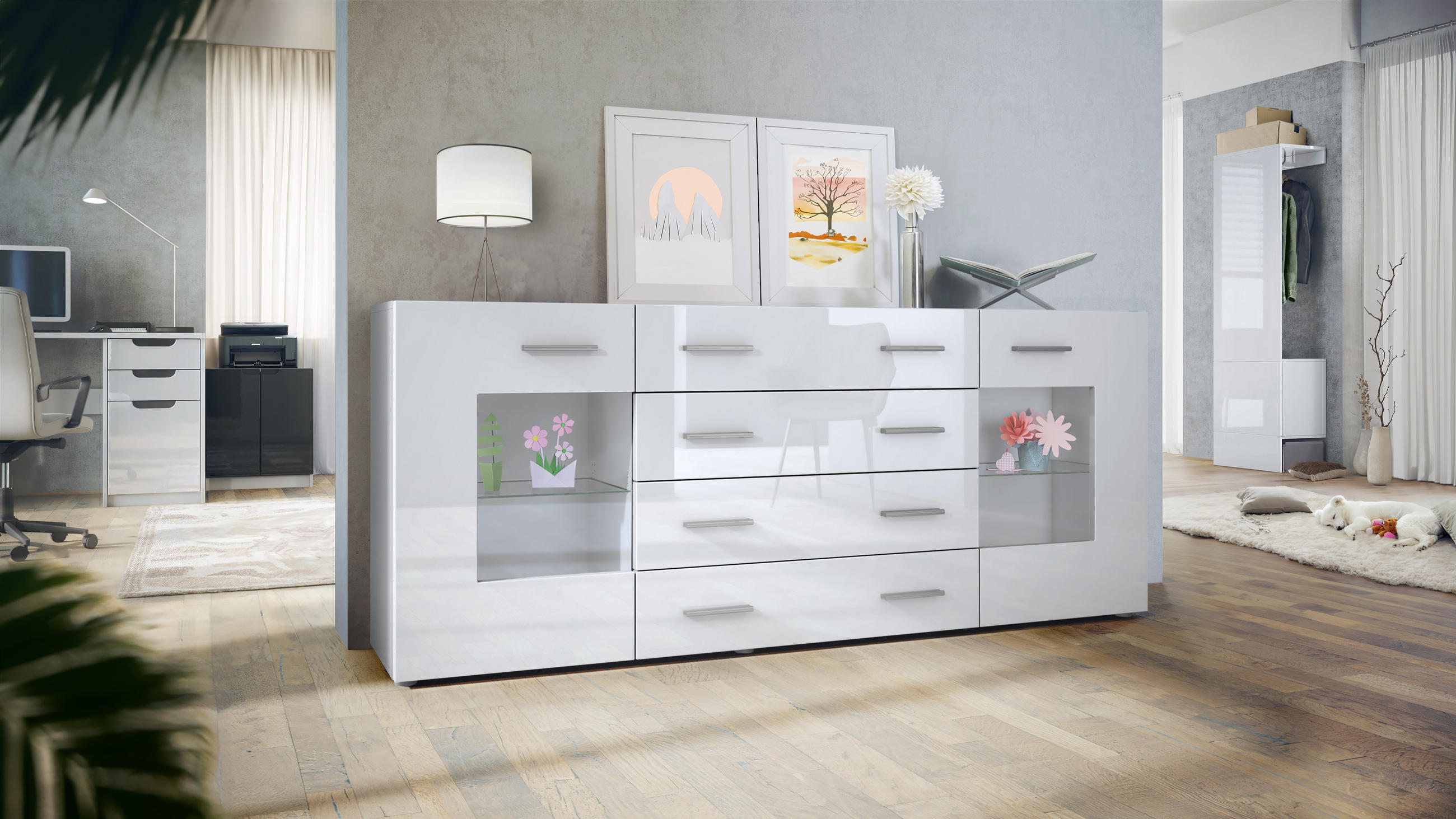 Vladon Sideboard Weiß Hochglanz 166x72x35 cm