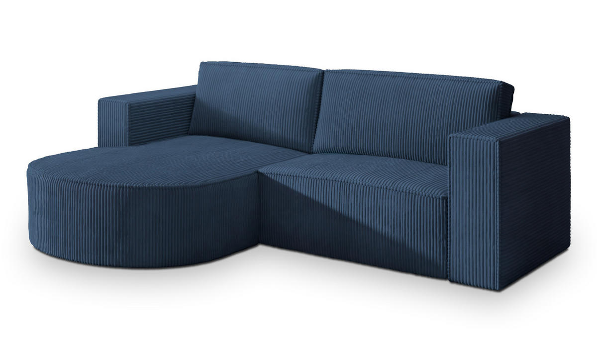 ECKSOFA SORELA P L-S Blau Kordstoff mit Schlaffunktion - Blau, Holz (263/174cm) - MASSENO