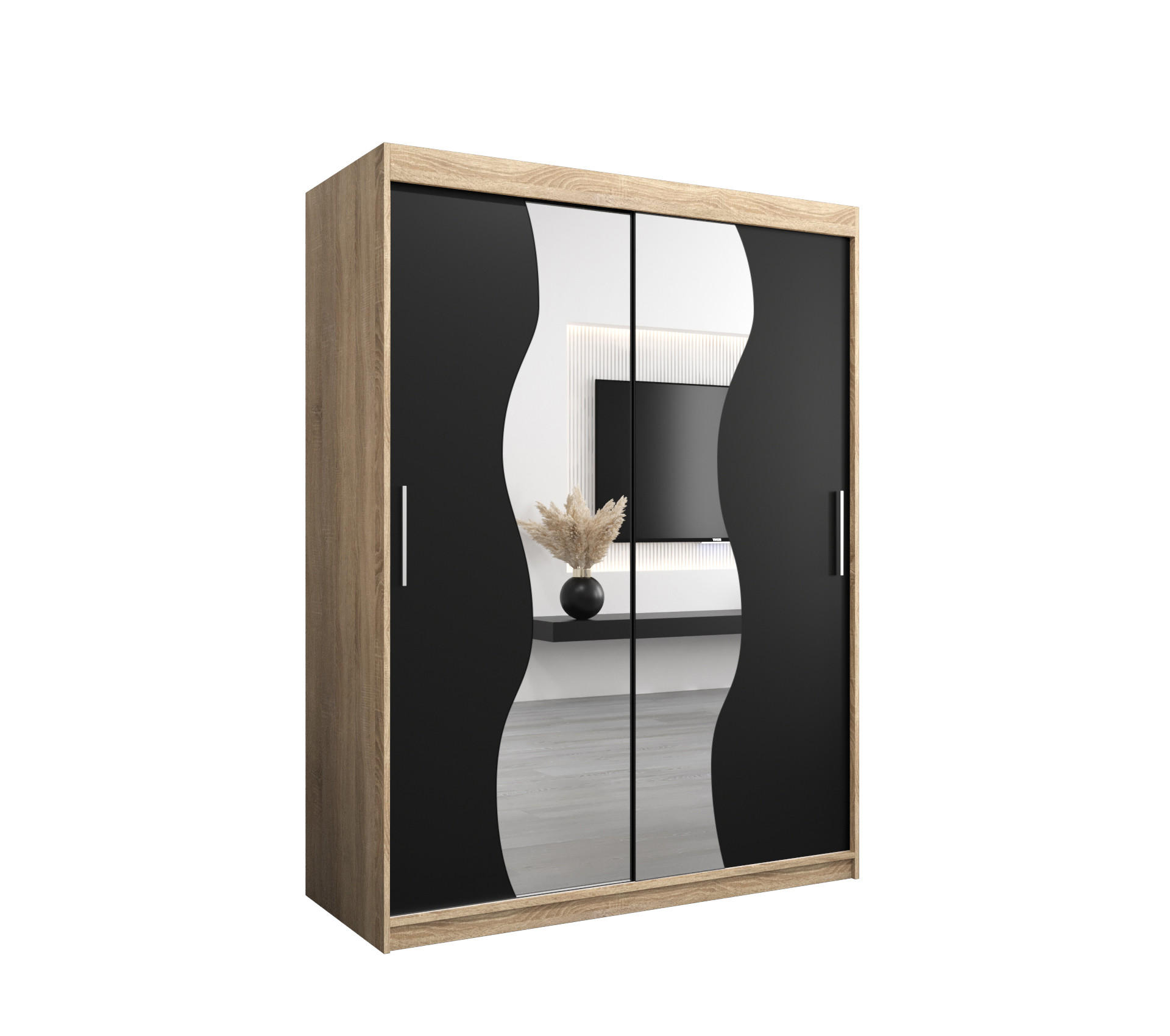 MÖBEL KRYSPOL SCHWEBETÜRENSCHRANK Sonoma Eiche, Schwarz 150cm × 62cm × 200cm