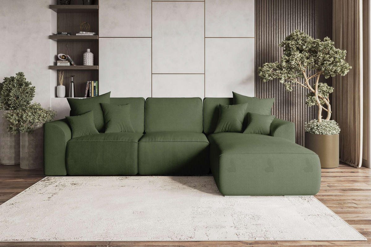 ECKSOFA GUSTO Cordstoff Olivgrün Rechts inkl. Schlaffunktion - Chromfarben/Olivgrün, Kunststoff/Textil (295/194cm) - 99rooms