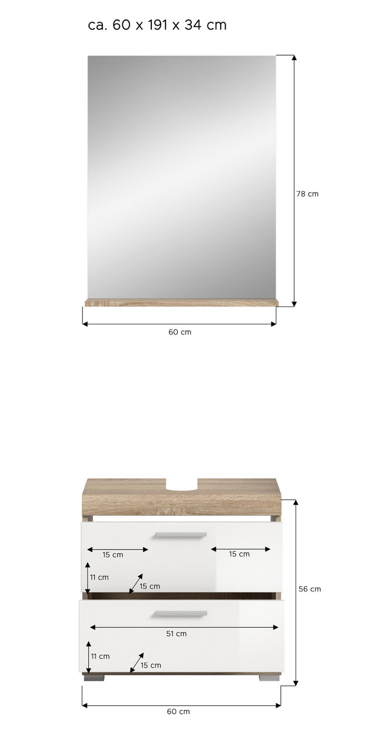 BADMÖBEL-SET weiß Hochglanz, Eiche 2-teilig 60 cm, mit Schubkästen - Weiß Hochglanz/Eichefarben, Holzwerkstoff (60/191/37cm) - Inn.Furn