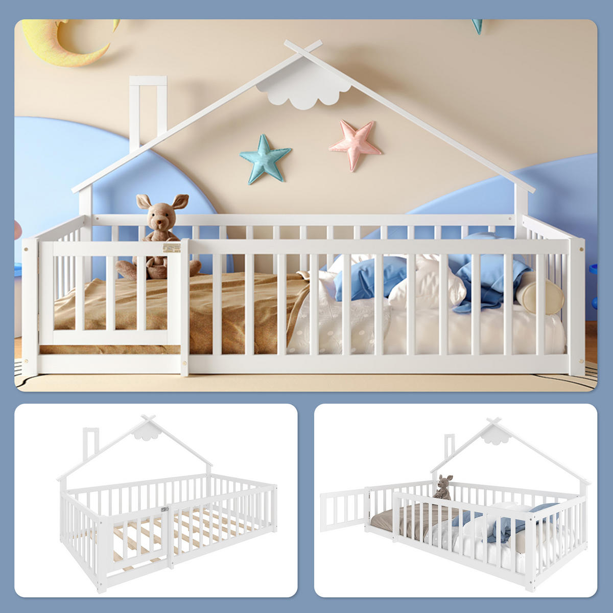 FLACHBETT 90x190cm Weiß Kiefer Kinderbett Hausleiste Geländer - Weiß, Holz (90/190cm) - FLIEKS