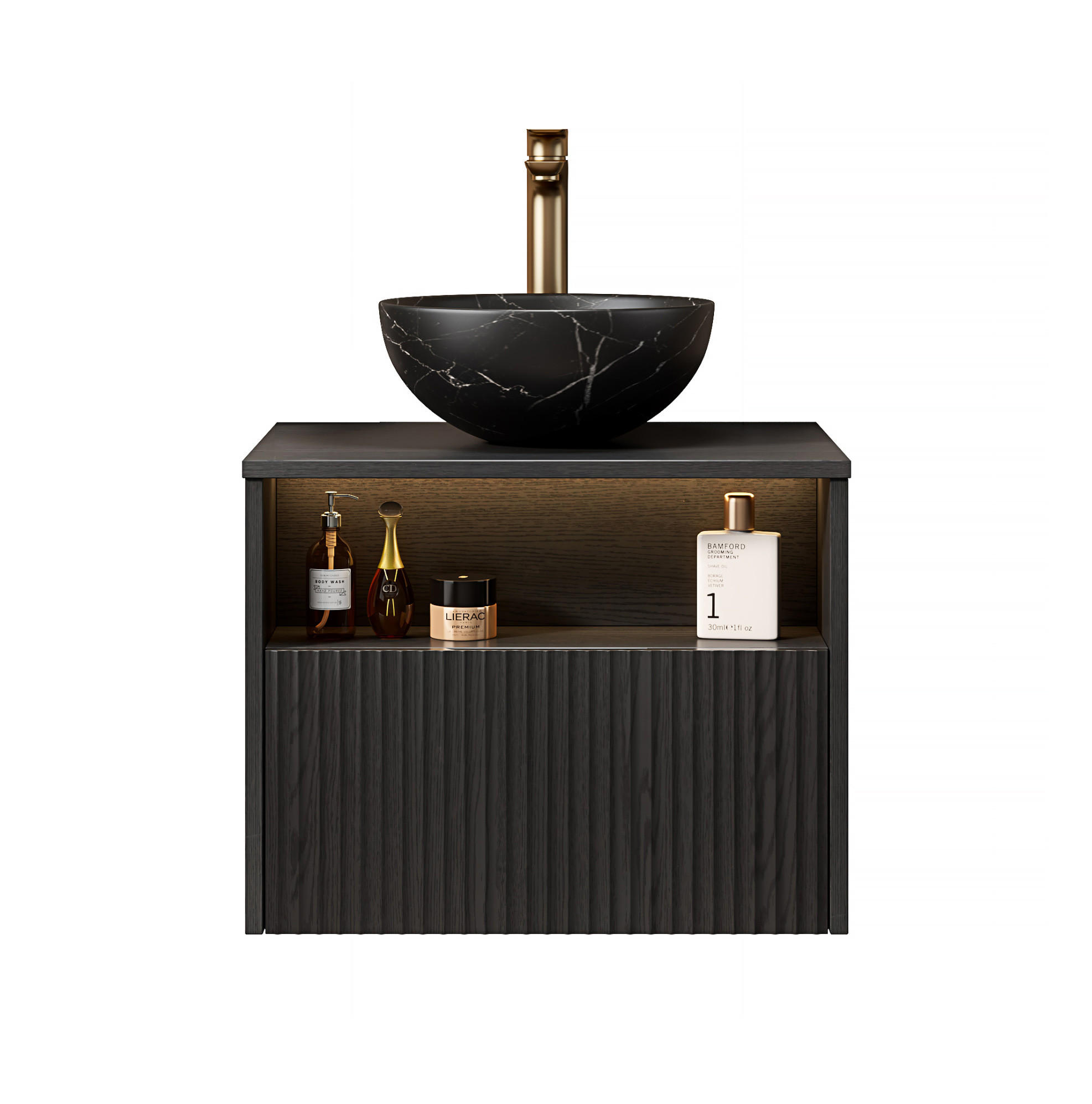 WASCHTISCHUNTERSCHRANK 60x46x60.8cm in Schwarz mit Sensor-LED, Soft-Close & Massivholzfront - Schwarz, Keramik (60/60.8/46cm) - Modfu