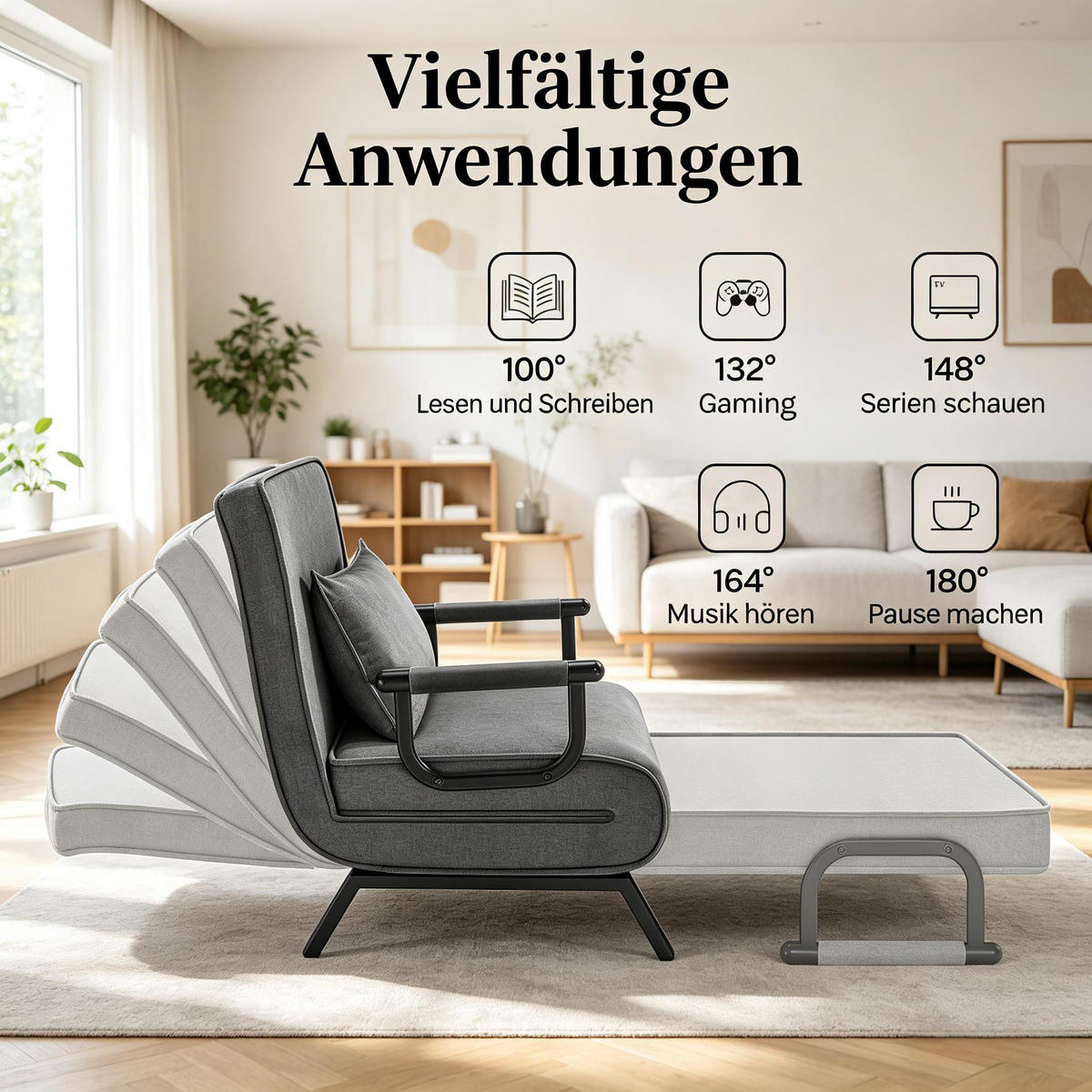 SCHLAFSESSEL 3-in-1 mit Bettfunktion, DE-42147, Dunkelgrau - Dunkelgrau, Metall (66.5/82/65cm) - ComfortXL