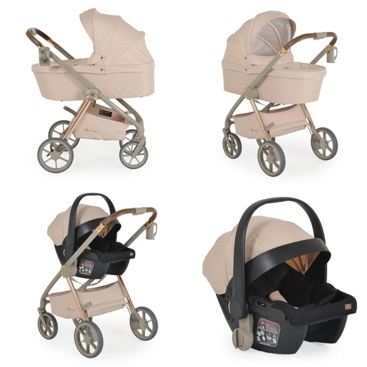 KOMBIKINDERWAGEN Unique 3 in 1 beige Babyschale Stoßdämpfer PU-Räder Tasche - Beige, Metall (75/59/104cm) - Cangaroo