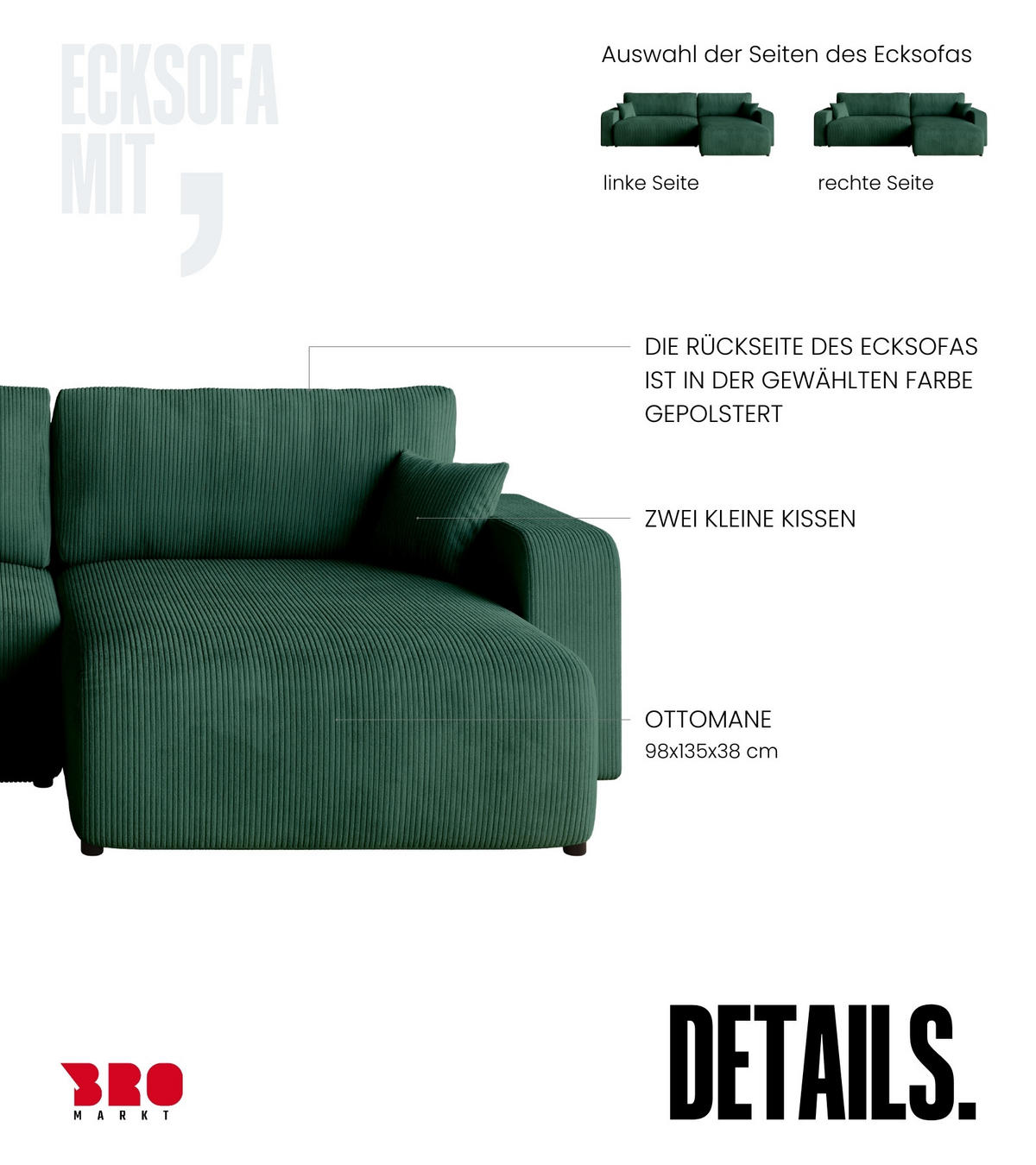 ECKSOFA PUMI XL mit Schlaffunktion Dunkelgrün Cord - Dunkelgrün, Textil (274/148cm) - Bromarkt