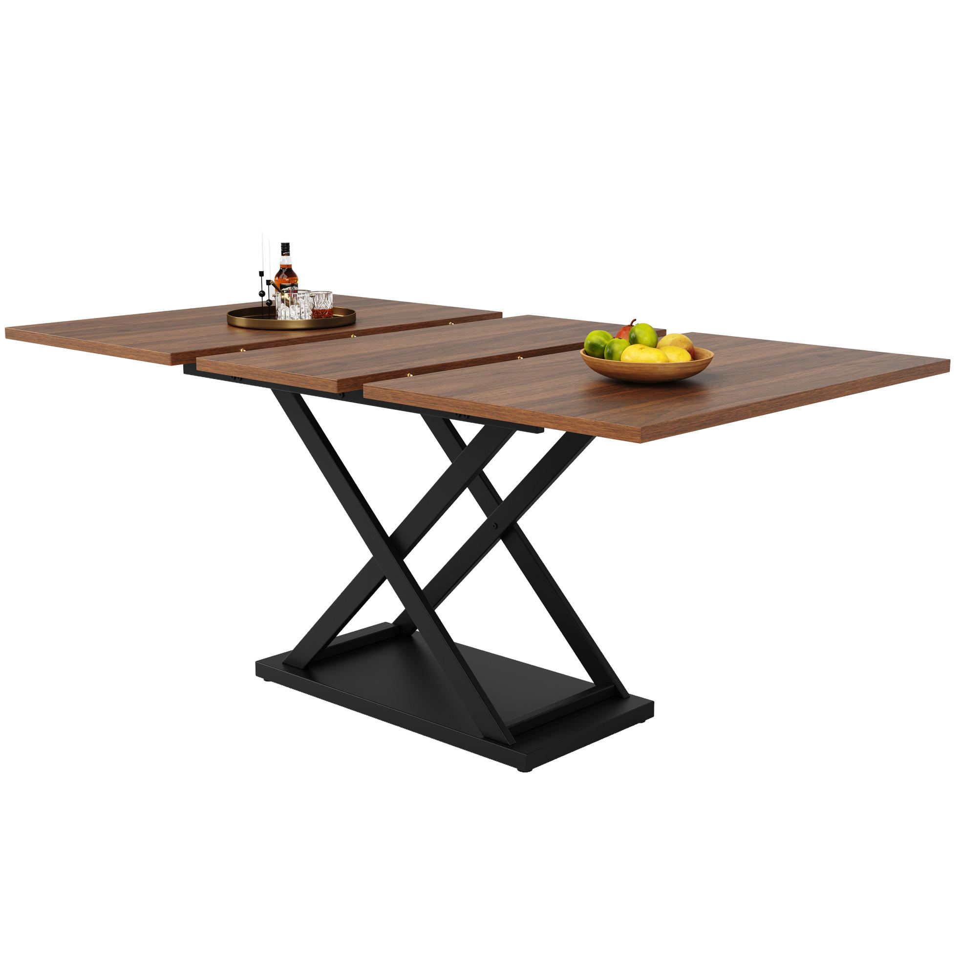 Redom ROZKLÁDACÍ jídelní stůl 120-160/80/75 cm s teleskopickým rozkladem, křížovými kovovými nohami a odolnou deskou, Ořechová/černá