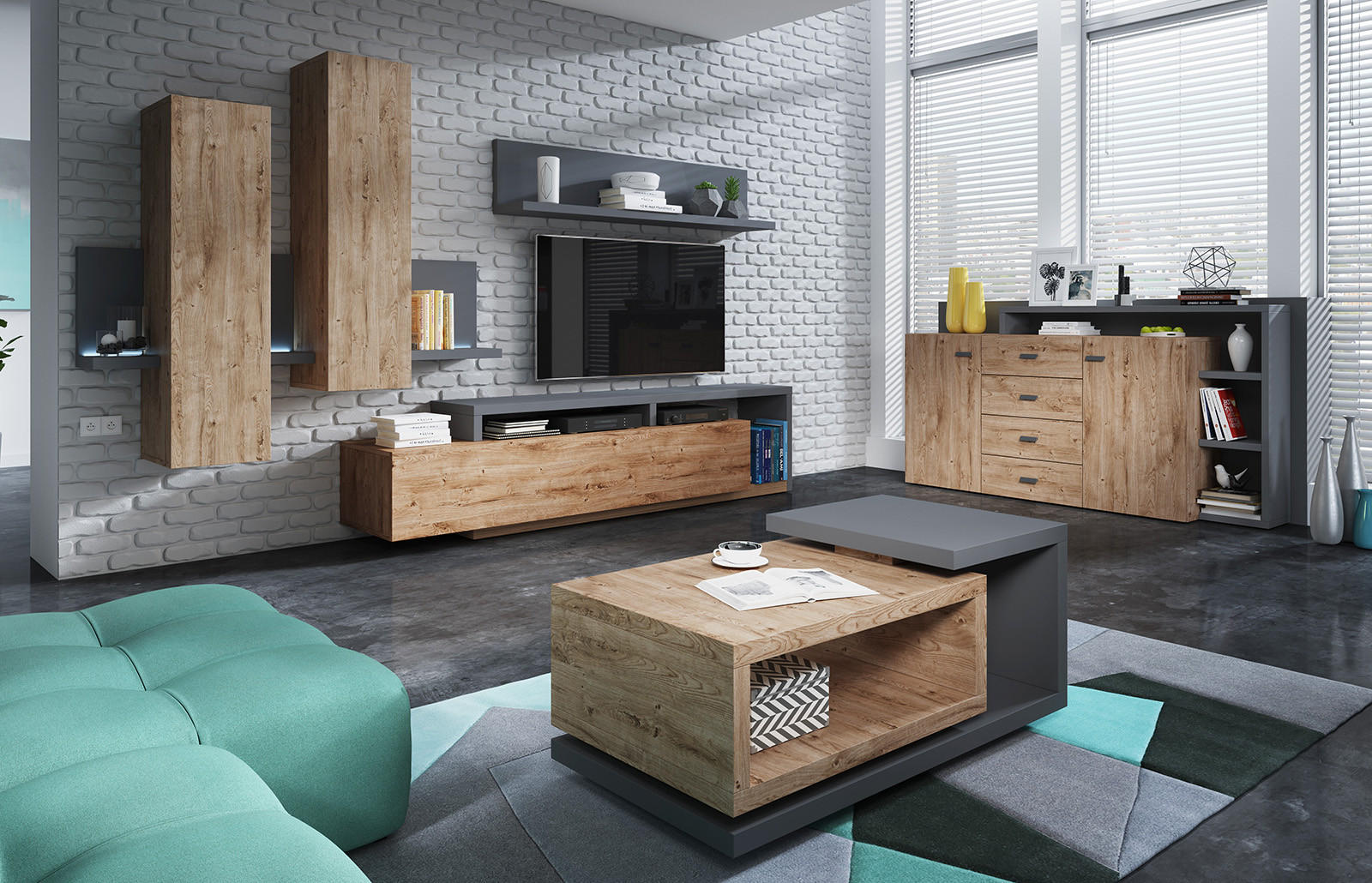 WOHNZIMMER-SET Bota anthrazit / ribbeck eiche 821 cm / 60 cm / 142 cm - Eichefarben/Braun, Holz/Holzwerkstoff (821/142/60cm) - Feldmann-Wohnen