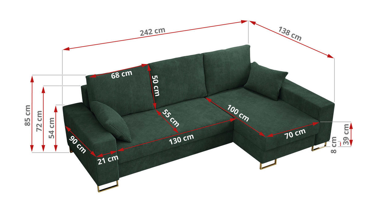 ECKSOFA Dorian Cord Grün - Goldfarben/Grün, Textil/Metall (242/138cm) - MKS