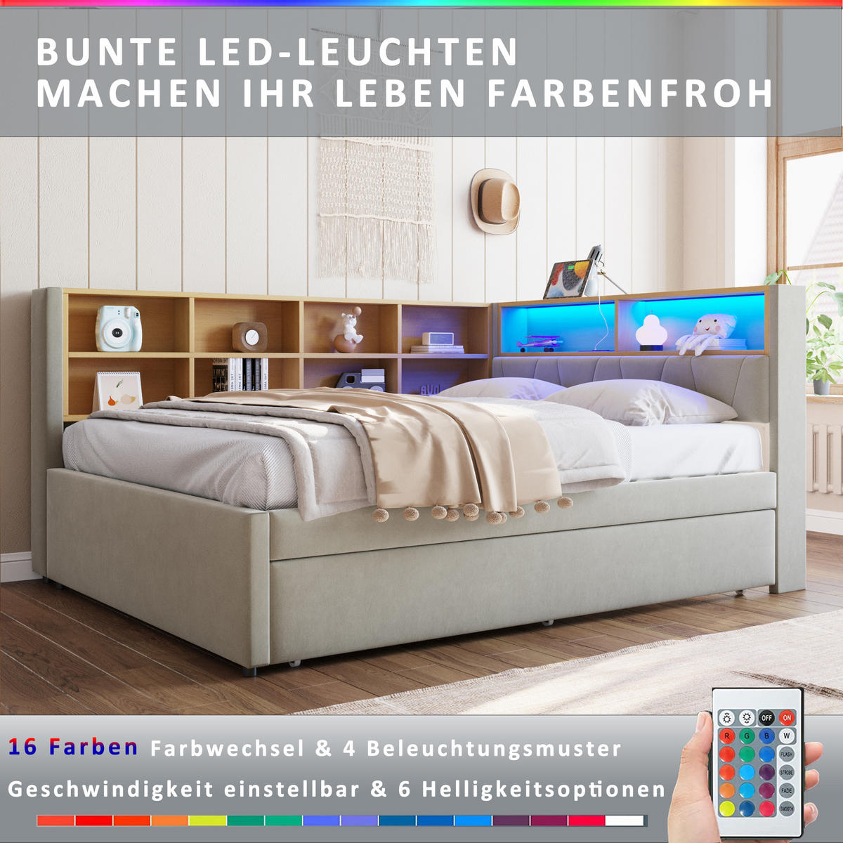 SCHLAFSOFA 140x200 cm mit Ausziehbett, LED und Stauraum, Hellgrau - Hellgrau, Textil (213/98/153cm)