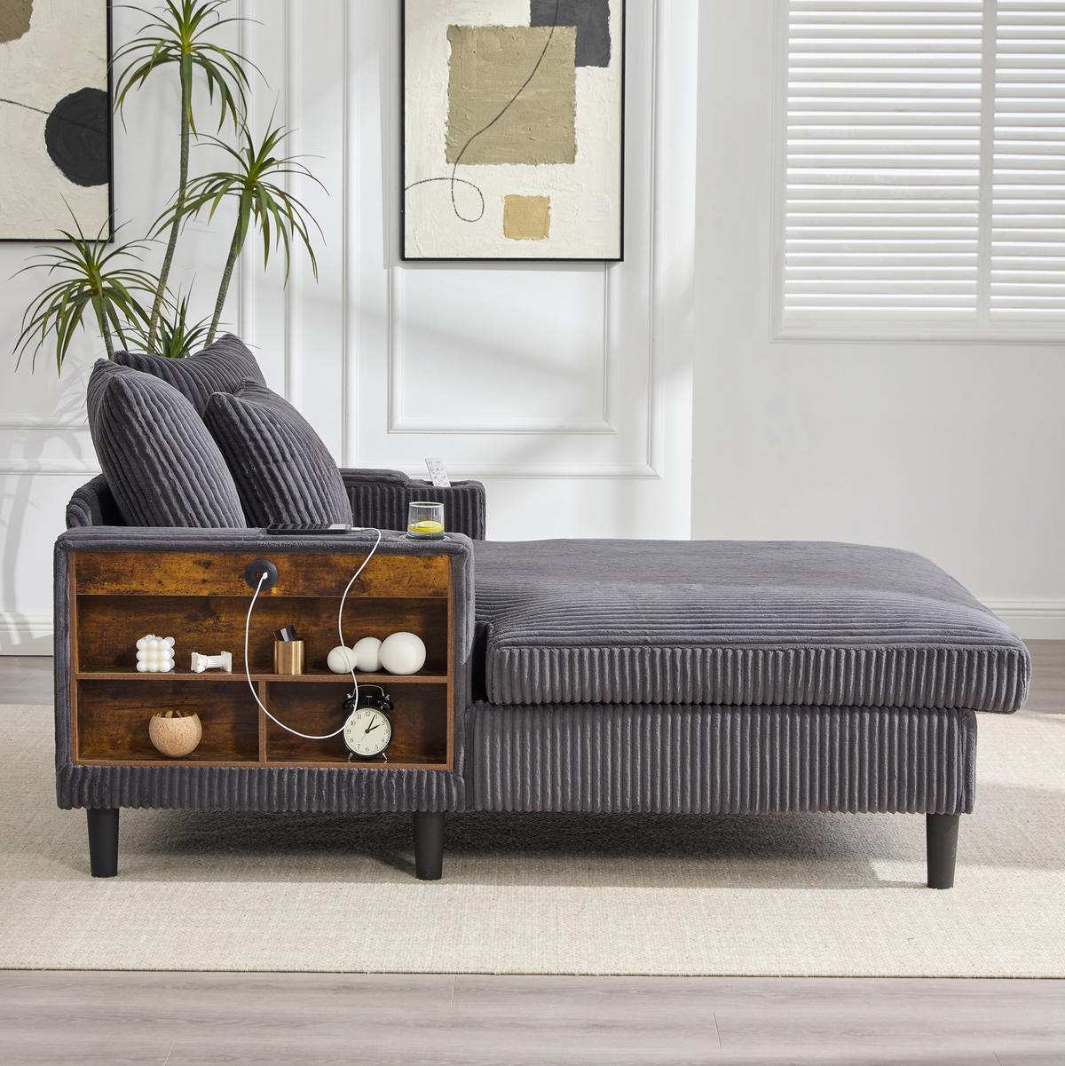SCHLAFSOFA 129/170/70 cm aus Cord mit LED-Beleuchtung und USB-Anschluss Dunkelgrau - Dunkelgrau, Textil (170/70/129cm) - Modenvie