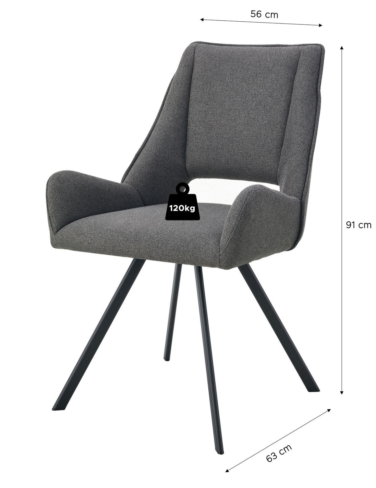 ARMLEHNENSTUHL Helen anthrazit 2er Set - Anthrazit/Schwarz, Textil/Metall (56/91/63cm) - Xonox