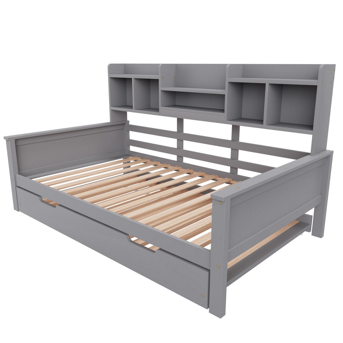 BETT mit integriertem Regal und Ausziehfunktion Kiefernholz Grau 90/200 cm - Grau, Holz (90/200cm) - OKWISH