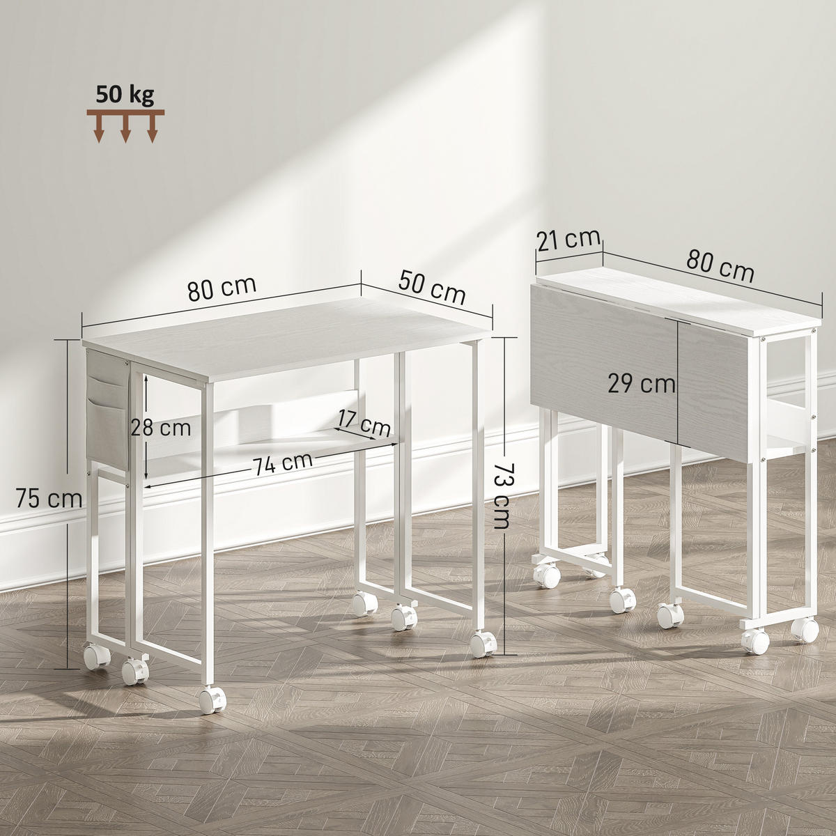 SCHREIBTISCH Weiß klappbar mit Rollen und Ablagefach 80/50/75 cm - Weiß, Holzwerkstoff (50/80/75cm) - PANGIVO