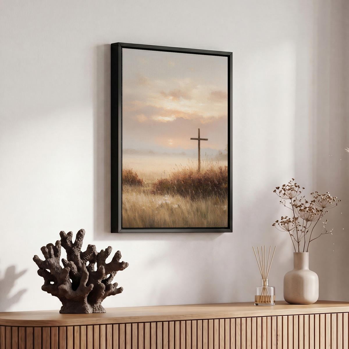 LEINWAND Bilder mit Rahmen - Gras - Morgennebel - Kreuz - Christentum - 20x30 - Beige, Textil (20/30cm) - MuchoWow