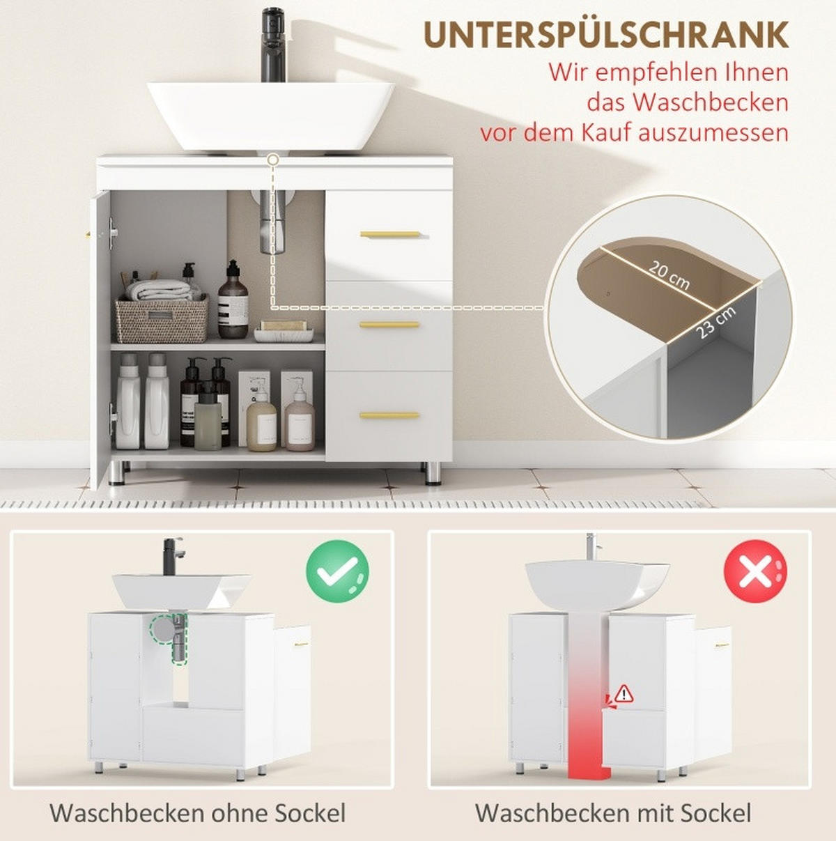 WASCHTISCHKOMBI 70x30x65 cm Weiß aus Spanplatte mit Schrank, 3 Schubladen & Soft-Close - Weiß, Holzwerkstoff (70/65/30cm) - Modfu