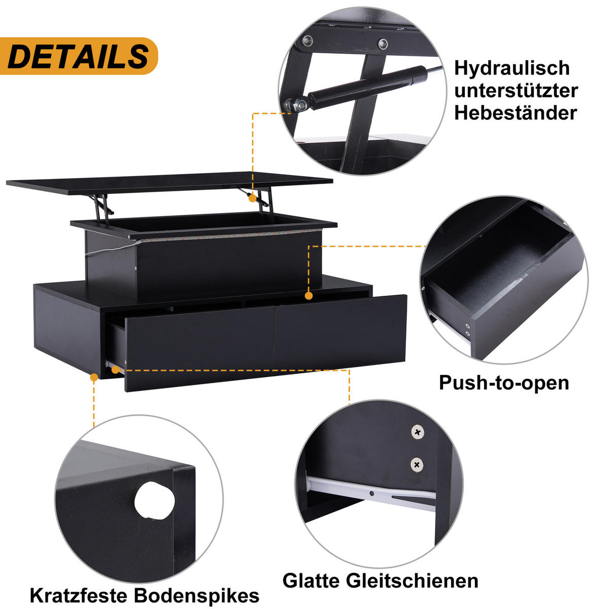 COUCHTISCH 90/55/41 cm schwarz aus Holzwerkstoff mit LED-Beleuchtung und Stauraum - Schwarz, Holzwerkstoff (90/55/41cm) - OKMYHOME