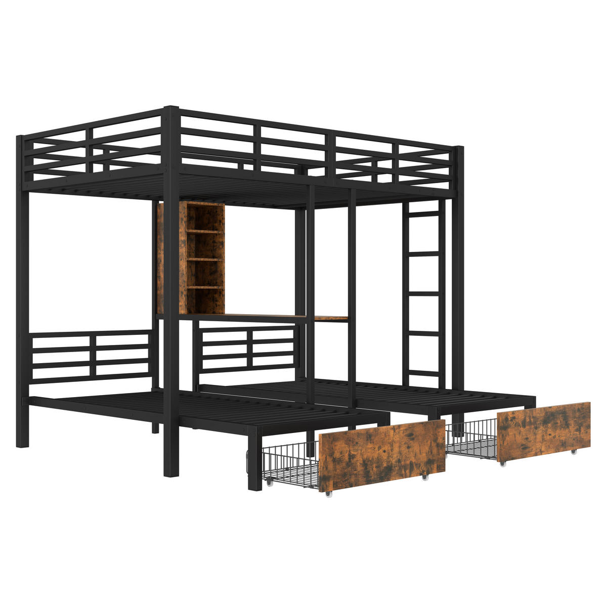 ETAGENBETT aus Metall und MDF 140x200/90x200 cm Schwarz mit 3 Schlafplätzen, Seitengittern, Regalen und 2 Schubladen - Schwarz, Holzwerkstoff (140/200cm) - Modfu