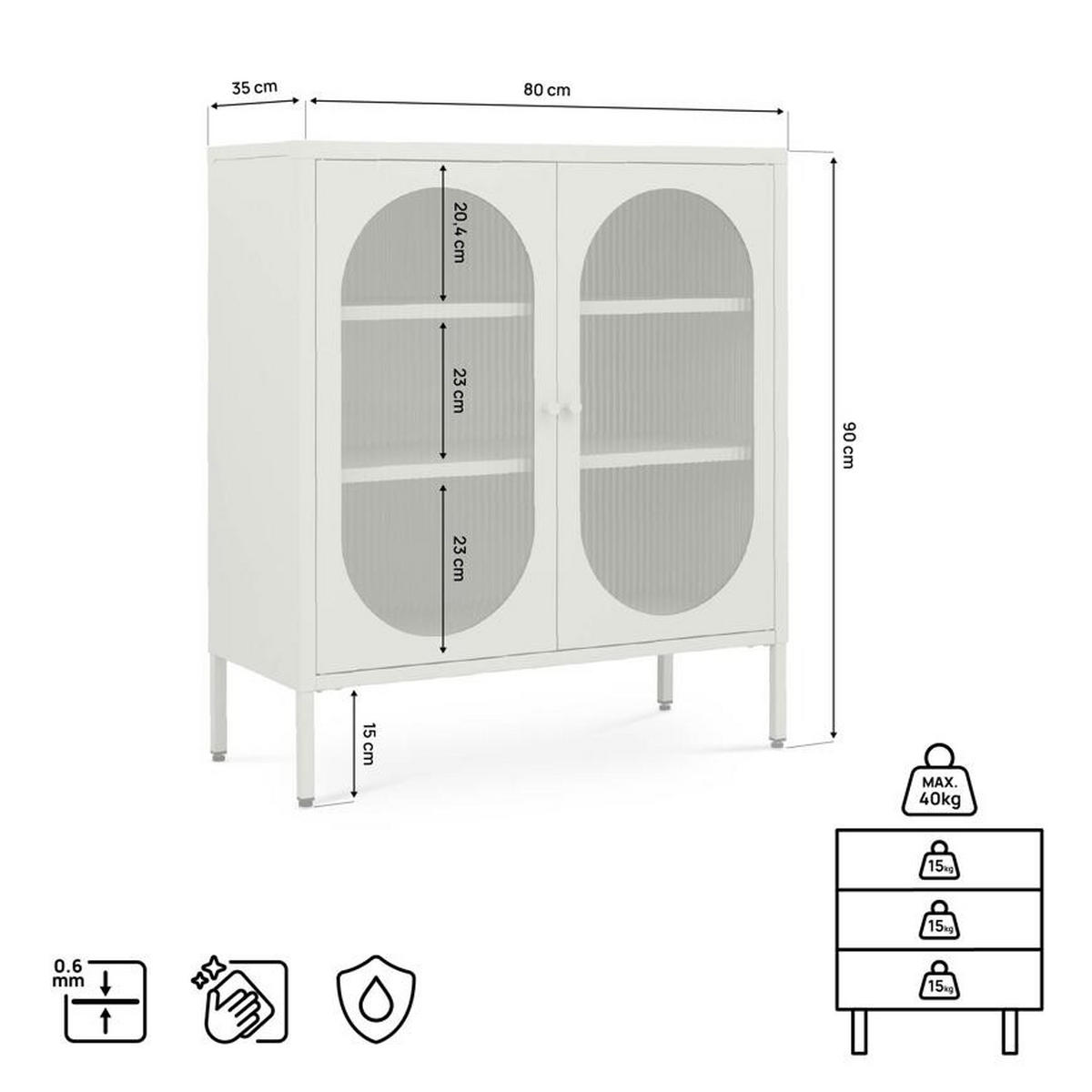 SIDEBOARD Metall 2 Türen Salbeigrün und Geriffeltes Glas 80cm EDEN - Salbeigrün, Metall (35/90/80cm) - Sicaan