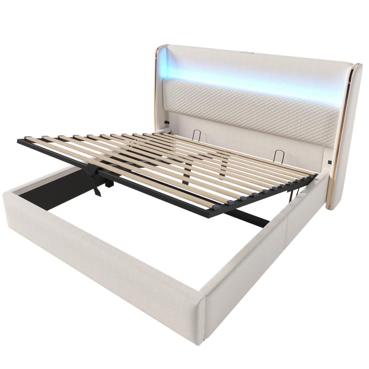POLSTERBETT aus Leinen, Holz und Metall 140x200 cm Beige mit Bettkasten, LED und USB/Type-C - Beige, Textil (140/200cm) - IVMEU