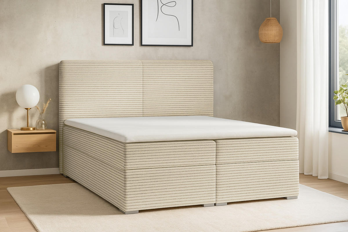 BOXBETT LOFT III 180/200 Cord Creme mit Bonell-Federkernmatratzen H3 - Creme, Holz/Holzwerkstoff (180/200cm) - Deine Möbel 24