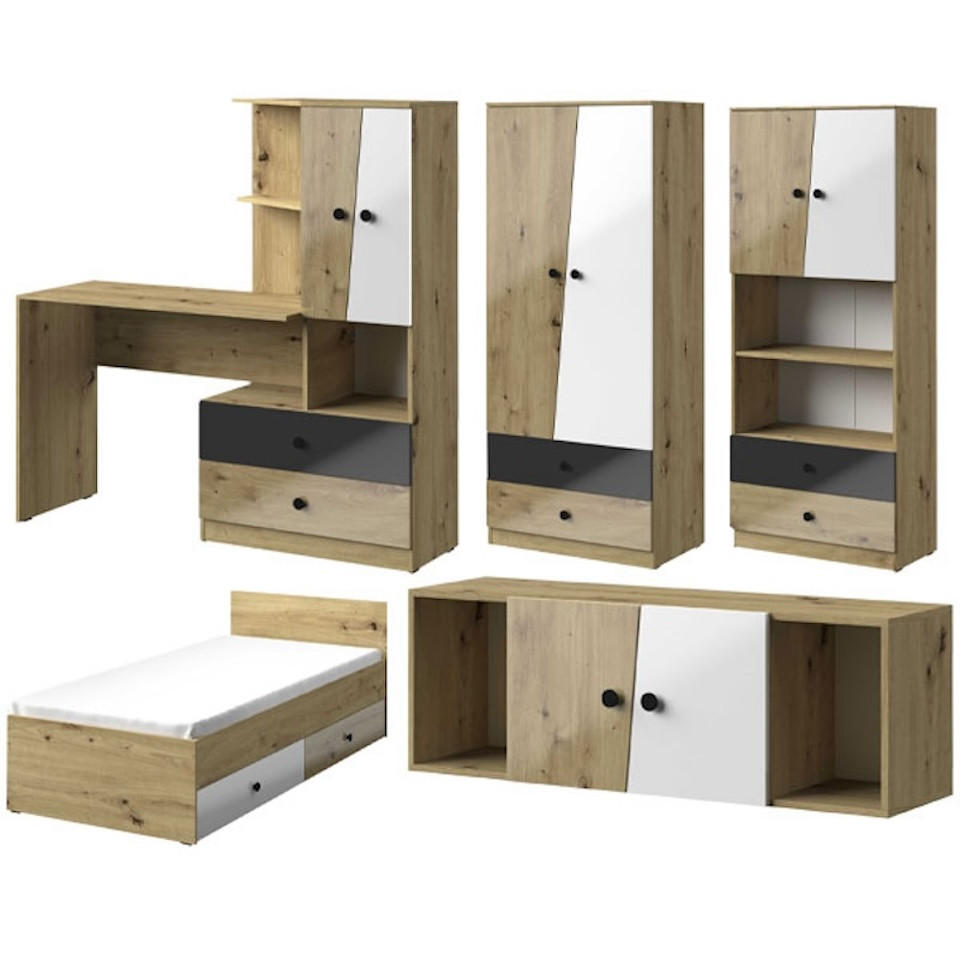 JUGENDZIMMER-SET Nero 5-teilig Artisan Eiche / Schwarz Hochglanz 324 / 204 / 190cm - Schwarz Hochglanz/Eichefarben, Holz/Holzwerkstoff (324/204/190cm) - Feldmann-Wohnen
