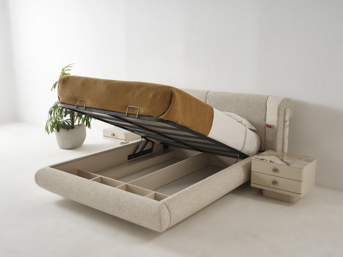 BETTANLAGE SEBASTIAN Schlafzimmer-Set, 4-teilig, Beige, Bett mit Kopfteil, 2 Nachttische und Kommode - Beige, Leder/Holzwerkstoff (160/200cm) - Villa Möbel