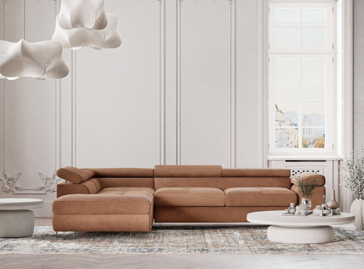 ECKSOFA Concord Hellbraun Chenille-Stoff - Links Seite - Hellbraun/Schwarz, Holz/Holzwerkstoff (203/277cm) - Maison de Reve