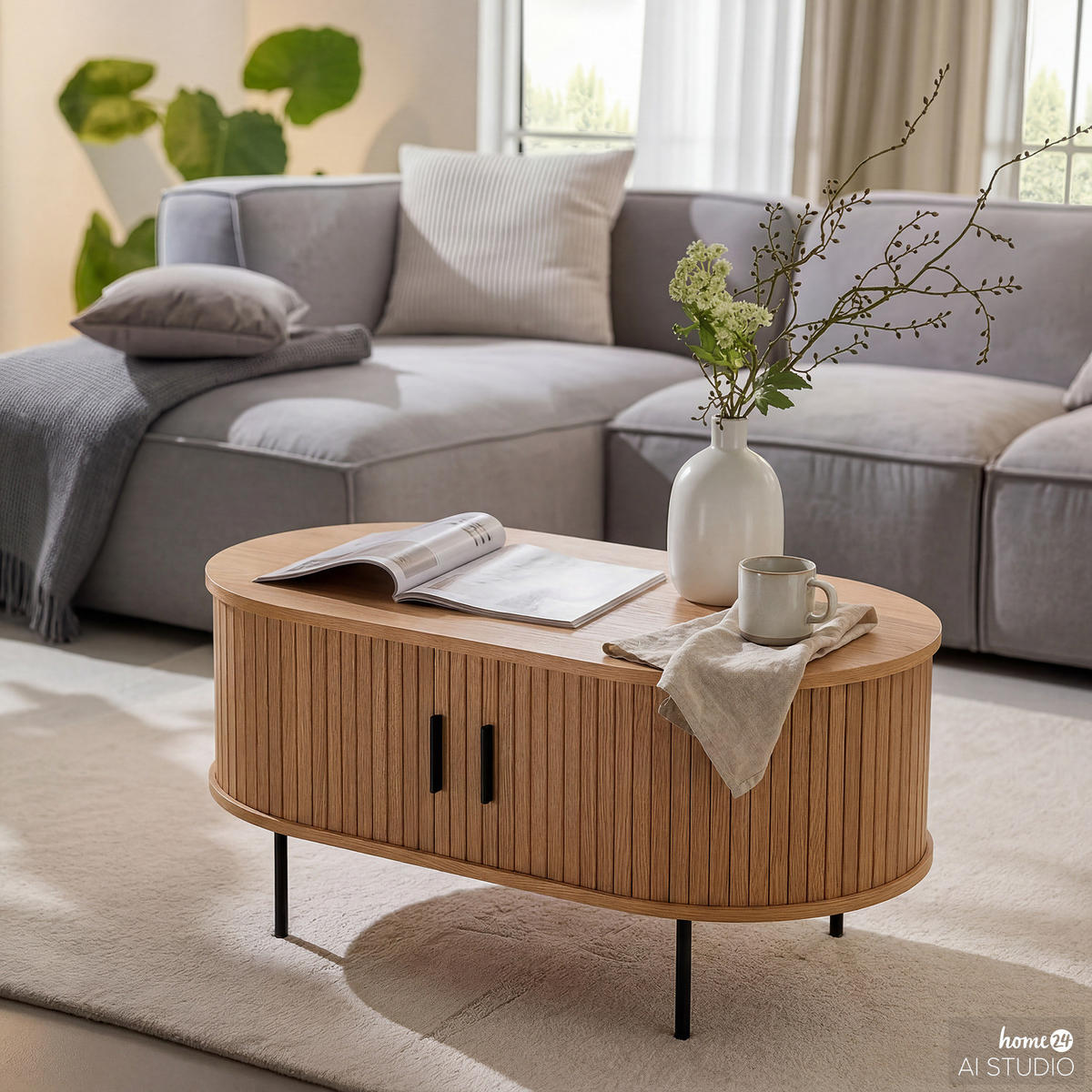 KOMMODE COUCHTISCH - Echtholzfurnier - Eichefarben/Schwarz, Holzwerkstoff/Metall (60/100/55cm) - home24
