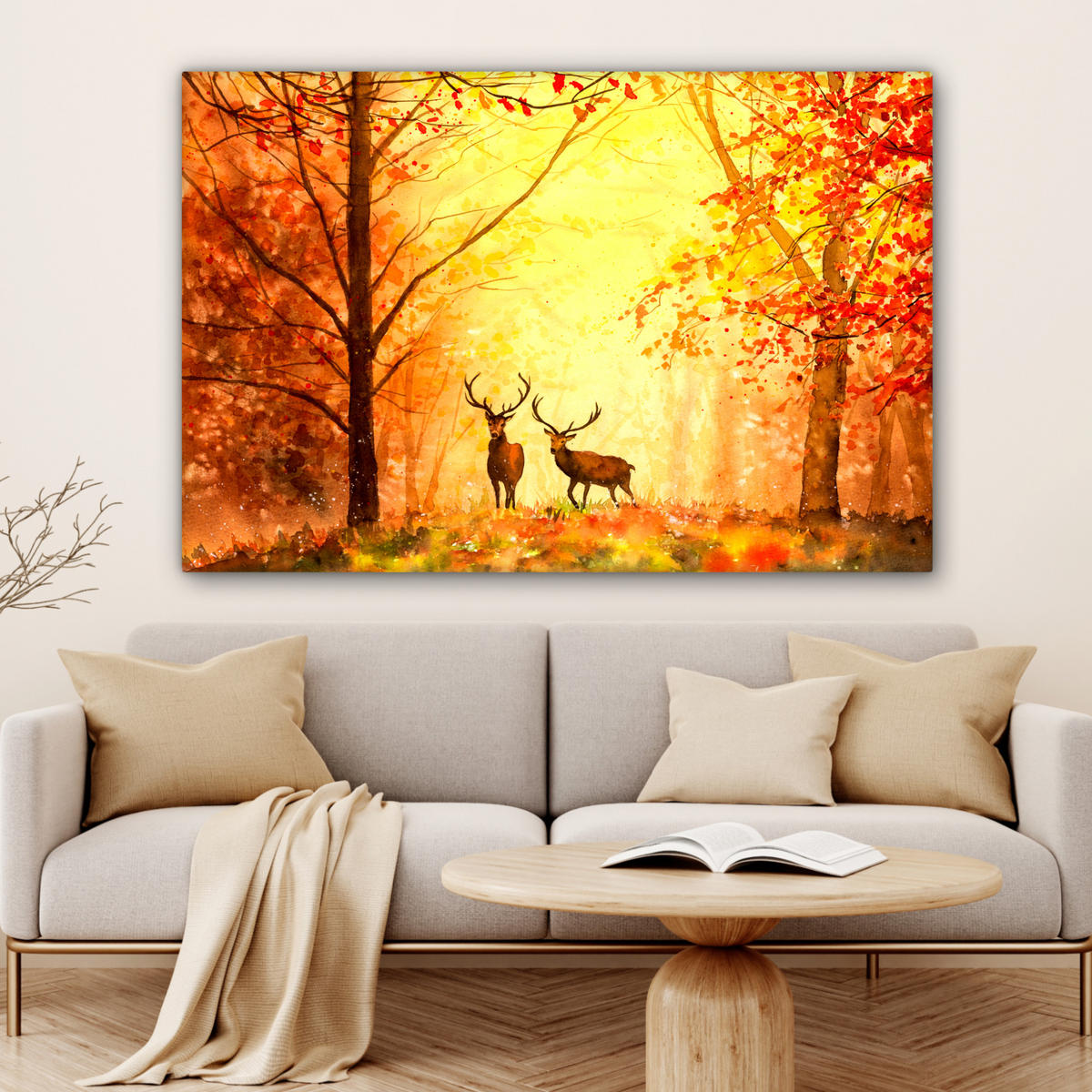 LEINWANDBILD Natur - Ölfarbe - Hirsche - Tiere - Herbst - Orange Groß 140x90 cm - Orange, Textil (140/90cm) - MuchoWow