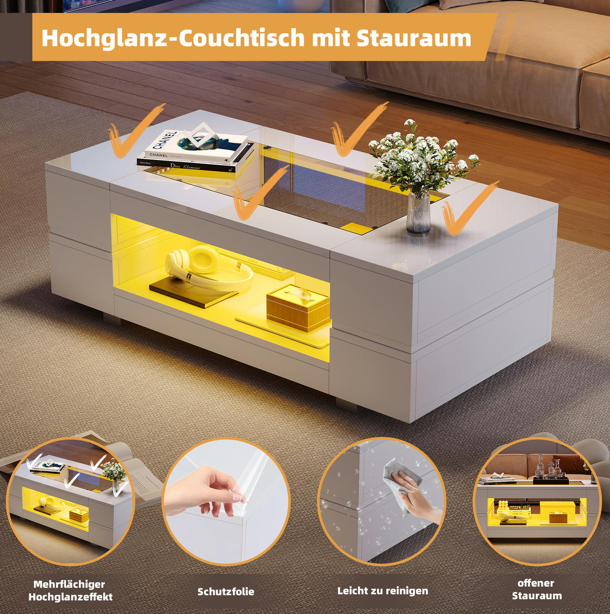 COUCHTISCH aus Spanplatte und Glas 100x50x35 cm Weiß mit LED-Beleuchtung und Stauraum - Weiß, Holzwerkstoff (100/50/35cm) - IVMEU