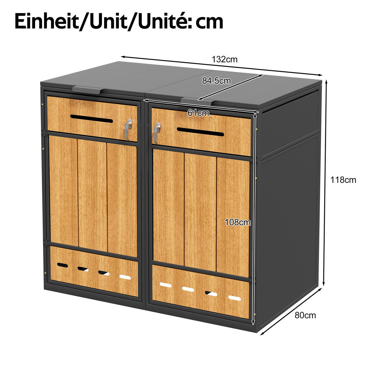 MÜLLTONNENBOX 4er abschließbar 120-240L Lüftung 2 Türen - Multicolor, Metall (169/249/264cm) - FLIEKS
