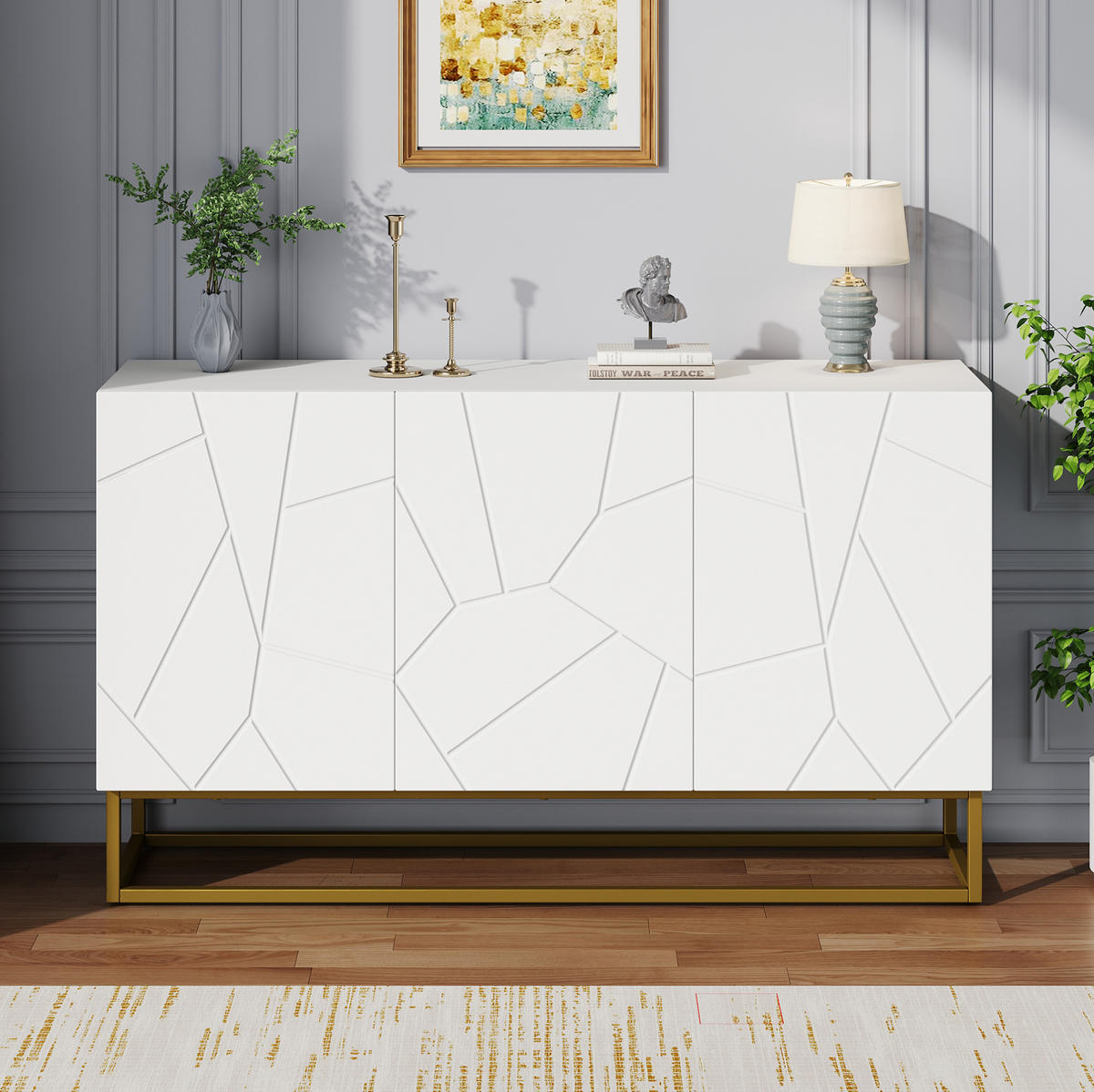 ANRICHTE 130/38/76 cm in Weiß/Gold mit Hochglanzfront und 3 Türen - Weiß, Holzwerkstoff (130/76/35cm) - Flora Grace