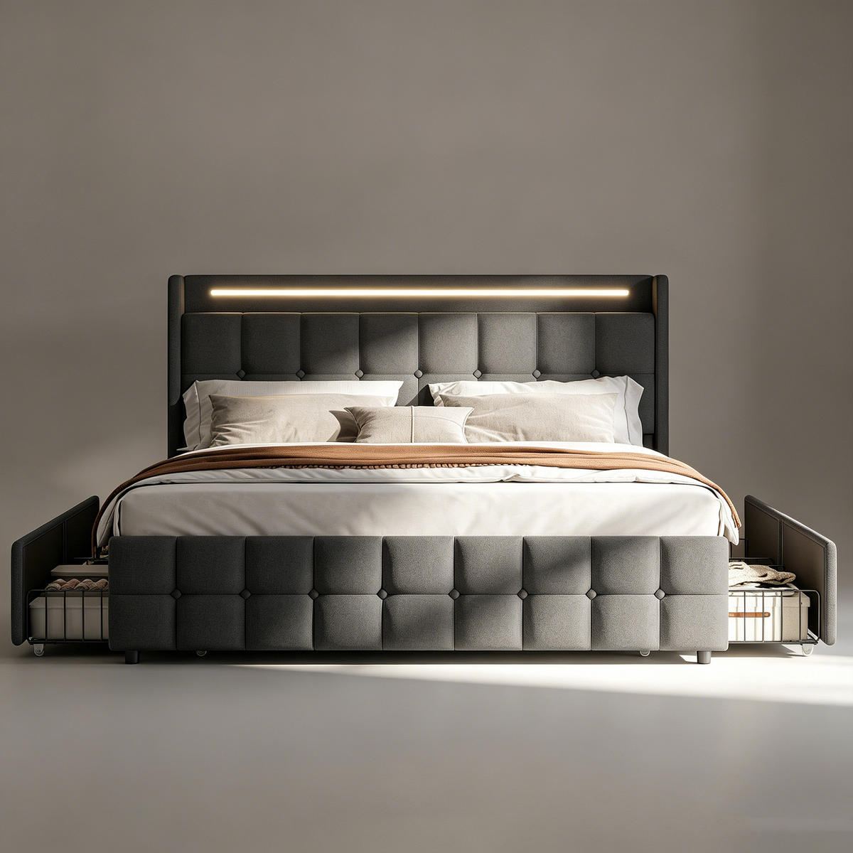 DOPPELBETT 160x200 mit stauraum, polsterbett mit LED, USB, 4 Schublade, Leinenstoff, grau - Dunkelgrau, Textil/Metall (160/200cm) - GENKI LIVING