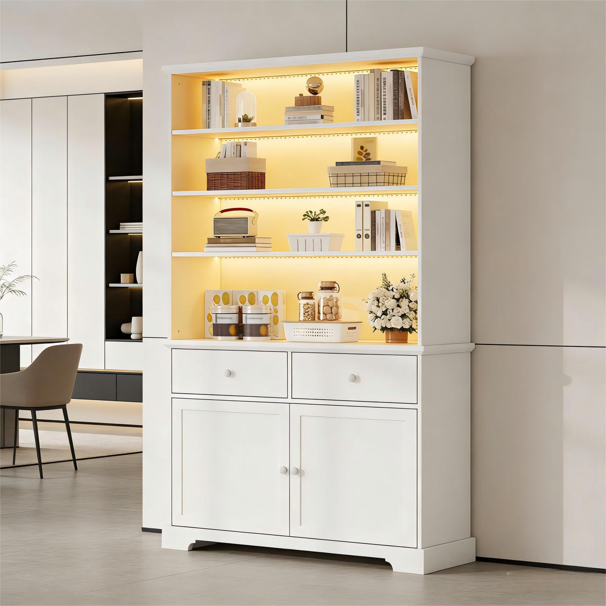 VITRINE weiß aus Spanplatte mit App-gesteuerter USB-LED 100 × 38 × 170 cm - Weiß, Holzwerkstoff (100/170/38cm) - Luhomfu