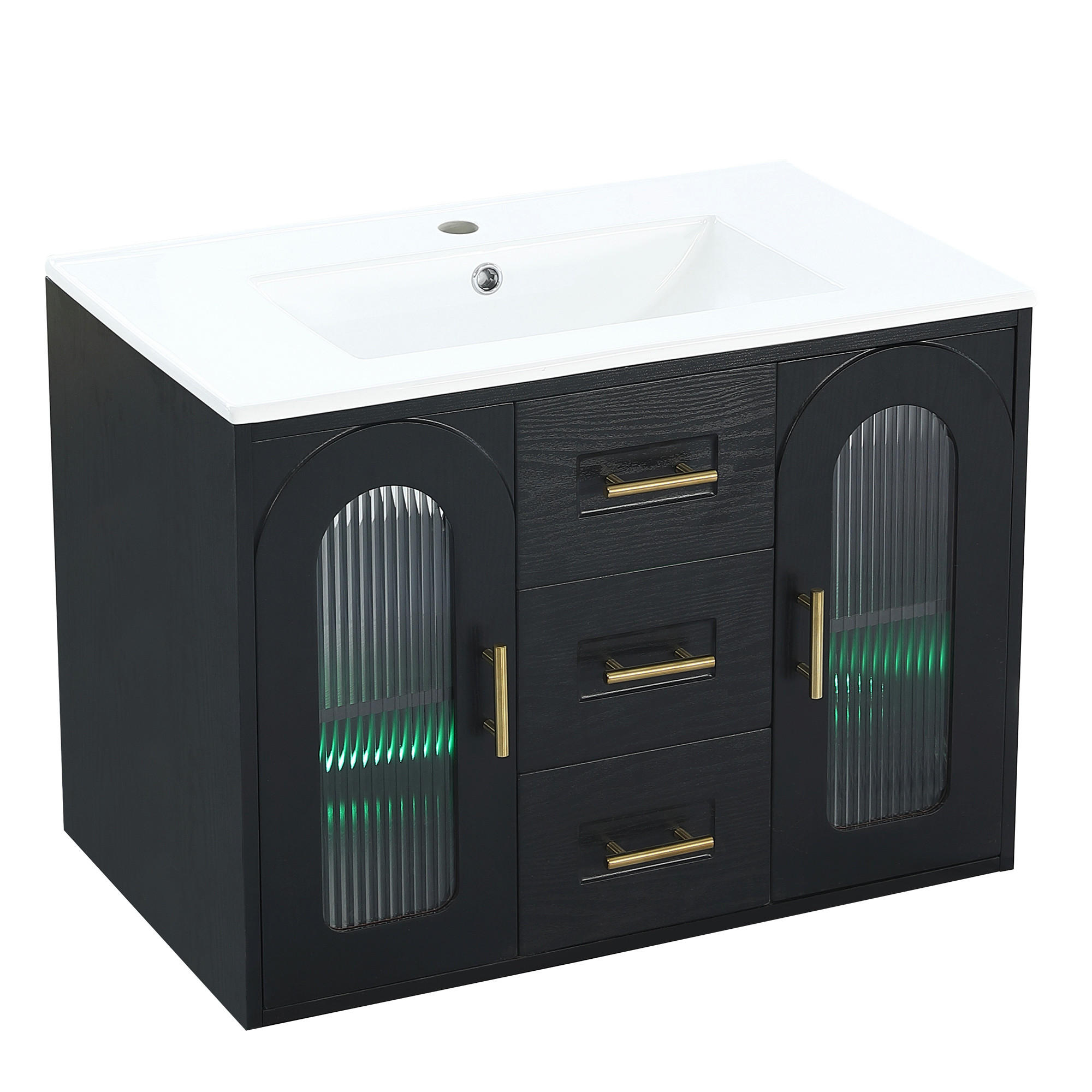 WASCHTISCHUNTERSCHRANK Wandhängend Schwarz mit LED, geriffeltem Glas & Schubladen - Schwarz, Holzwerkstoff (76/55/46cm) - Urban Meuble