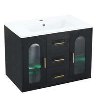 WASCHTISCHUNTERSCHRANK Wandhängend Schwarz mit LED, geriffeltem Glas & Schubladen - Schwarz, Holzwerkstoff (76/55/46cm) - Urban Meuble