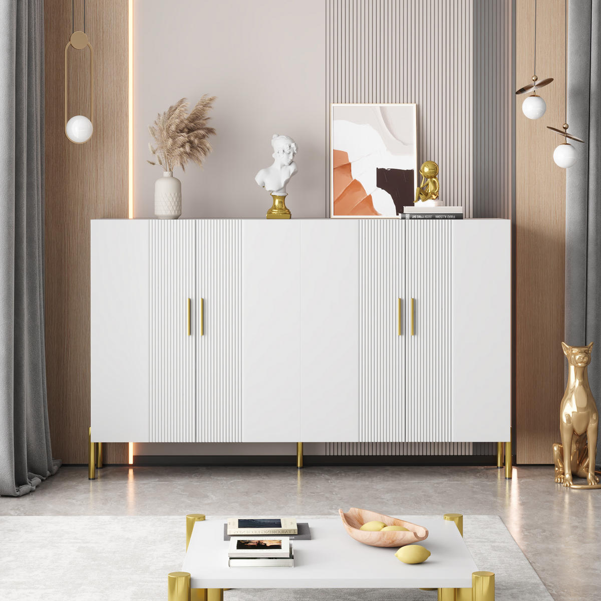 SIDEBOARD Weiß, 4 Türen mit Innenfächern, mit goldenen Griffen und Füßen, 160/40/100 cm - Weiß, Holzwerkstoff (160/100/36.5cm) - WISHDOR