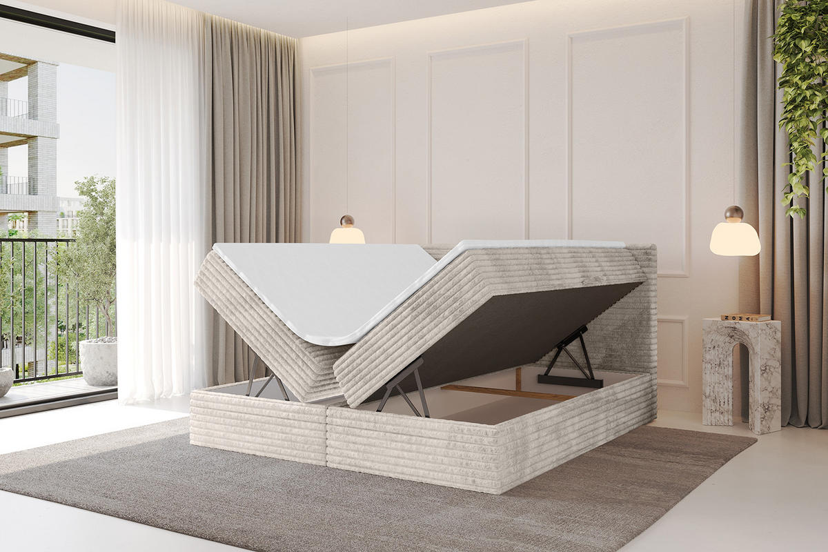 BOXBETT mit Matratze H4 und Lattenrost - TOLO-v1 - 200x200 Cord - Creme - Creme, Holzwerkstoff (200/200cm)