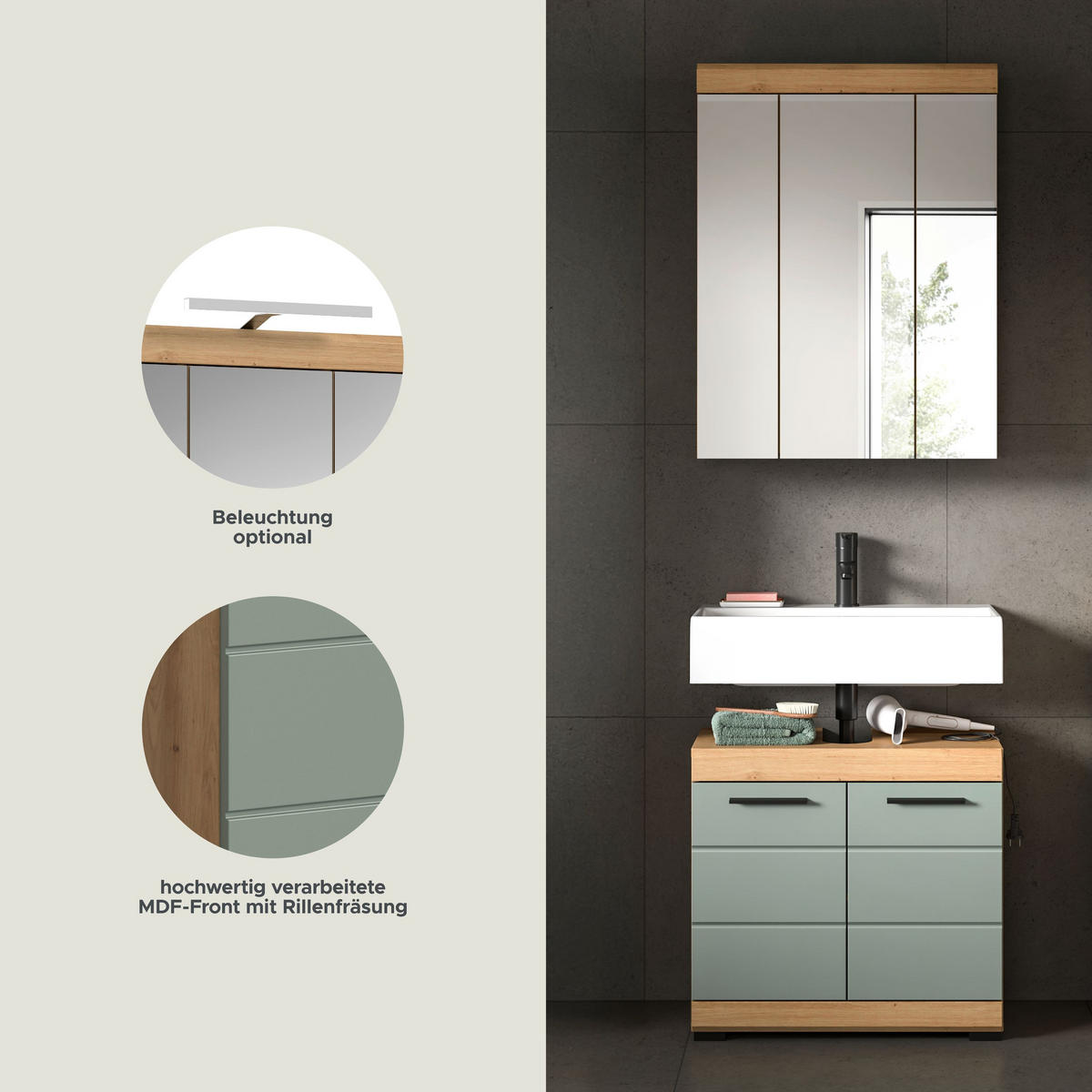 BADKOMBINATION 2tlg. Scout Bad in Artisan Eiche Nachbildung und Salbei Nachbildung B/H/T: 60x191x34 cm - Eiche Artisan, Holz (60/191/34cm)