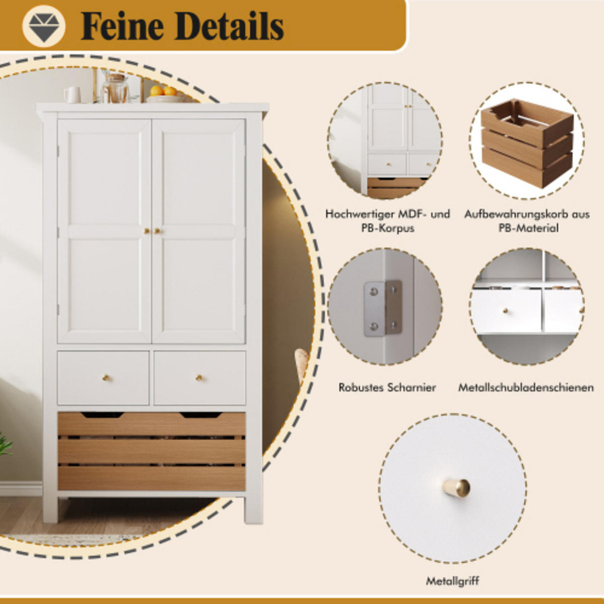 SIDEBOARD 80×40×140 cm aus MDF & Metall mit großem Stauraum und Kippschutz, weiß - Weiß, Holzwerkstoff (80/140/40cm) - Luhomfu