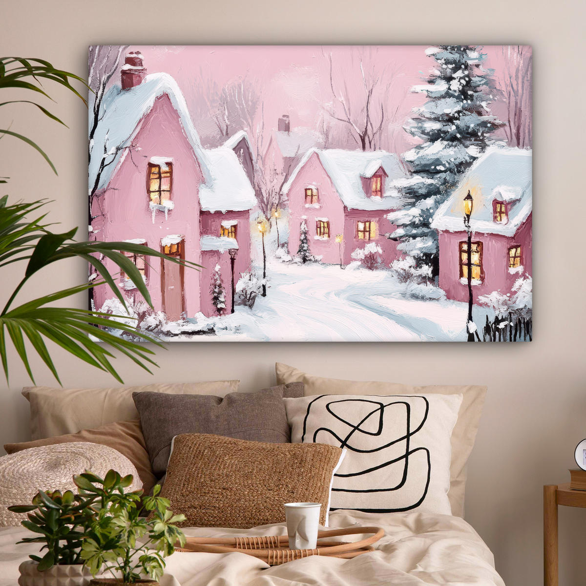 LEINWANDBILD Weihnachtsdorf - Rosa - Winter - Schnee - Häuser Wohnzimmer Groß 120x80 cm - Altrosa, Textil (120/80cm) - MuchoWow