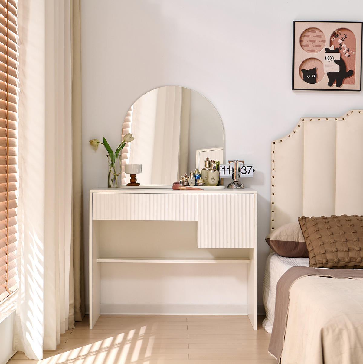 SCHMINKTISCH 90/40/135 cm mit Spiegel, 2 Schubladen und Ablage aus MDF, Weiß - Weiß, Holzwerkstoff (90/135/40cm) - Redom