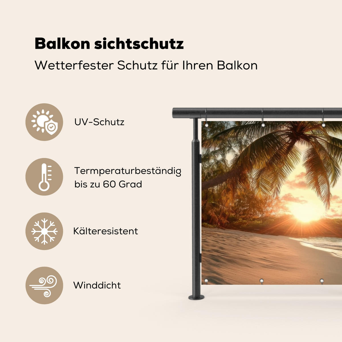 BALKON-SICHTSCHUTZ Strand - Palmen - Meer - Sonnenuntergang 300x130 cm - Samtahornfarben, Kunststoff (300/130cm) - MuchoWow